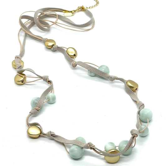 Angelite and Gold Bead Leather