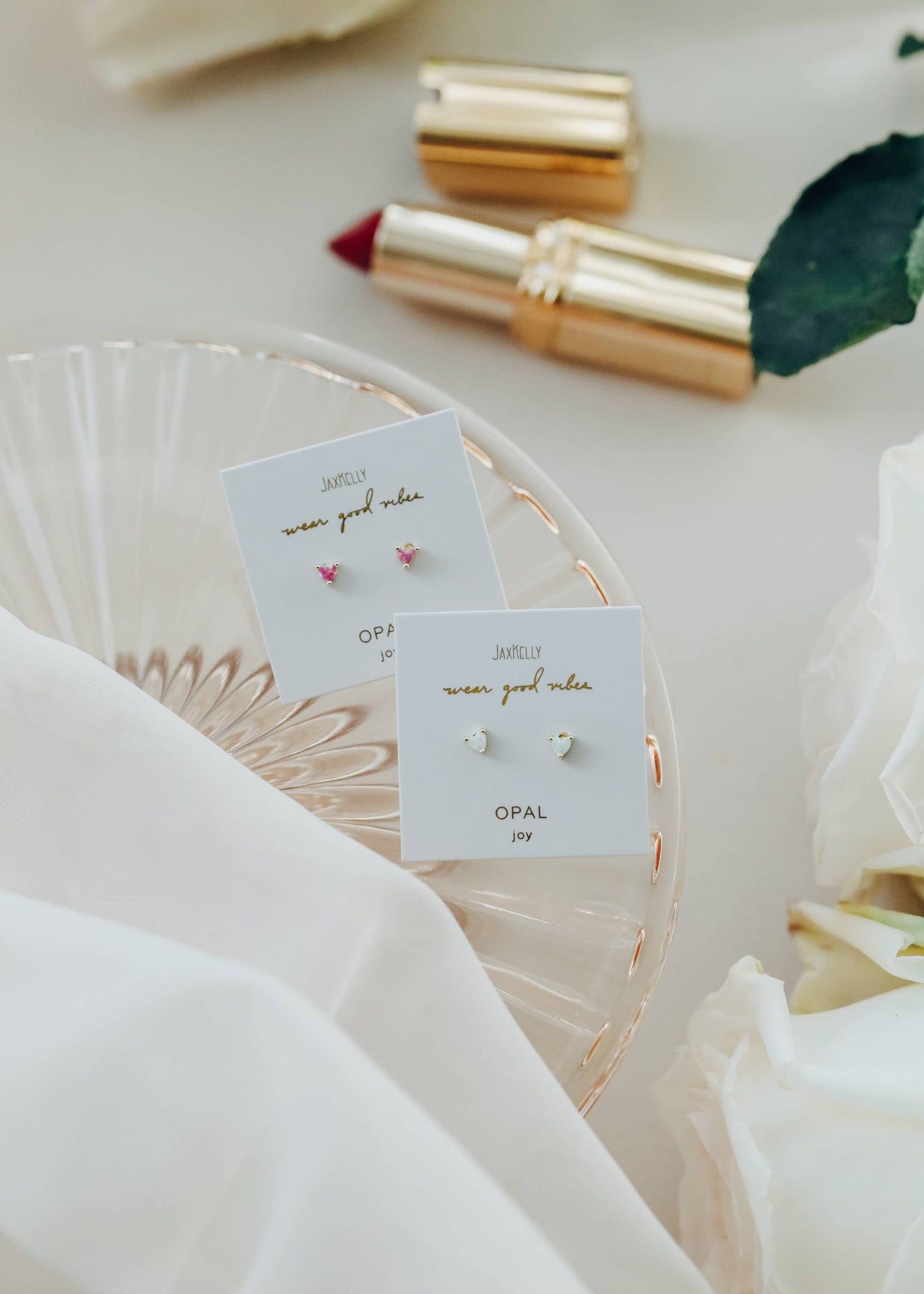 Earring - Pink Opal Heart Gold
