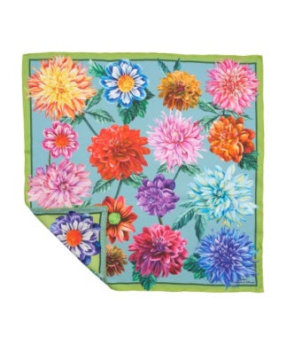 Dahlias Bloom Sky Blue Silk